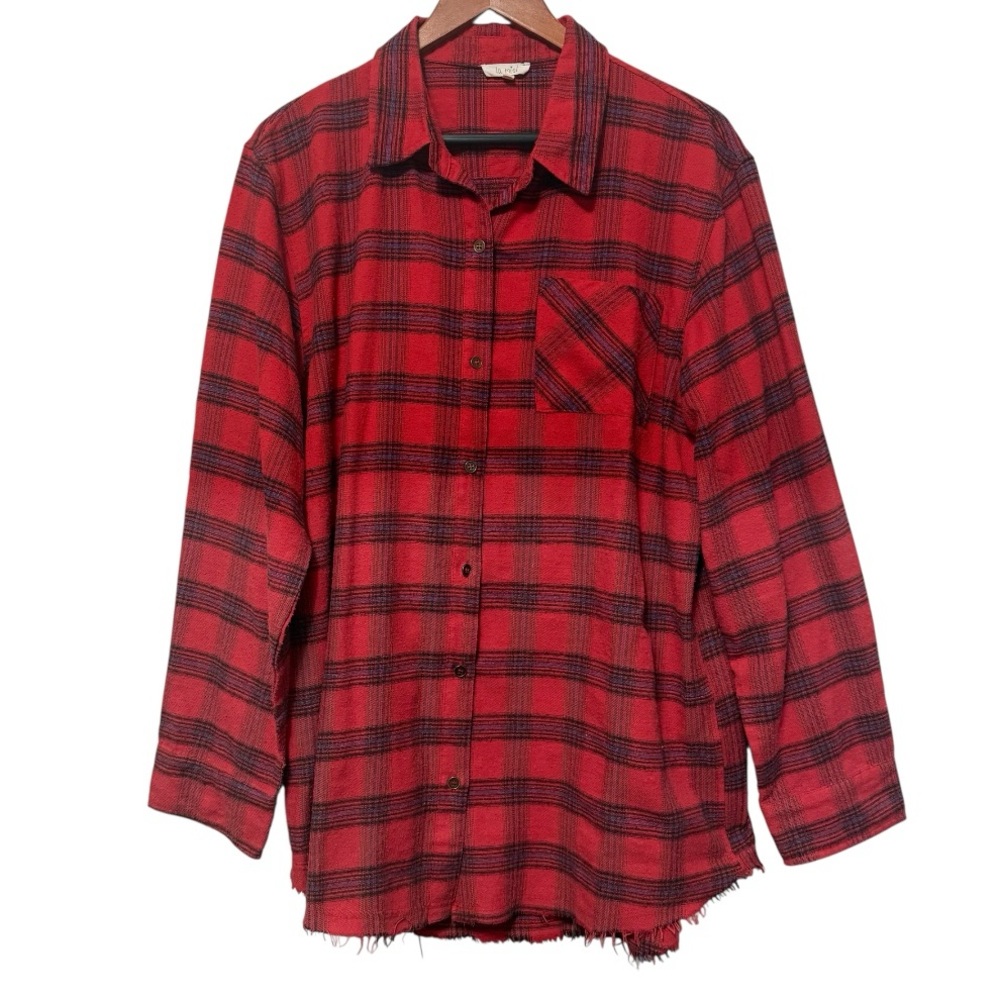 La Miel Flannel Ombre Button Up Shirt Red Plaid Fringe Hem Women’s Large
